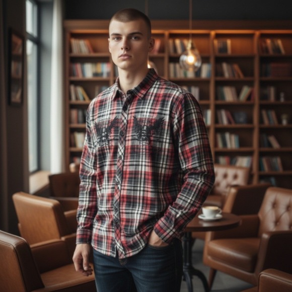 Helix Double Dragon Men's Large Long Sleeve Button Down Plaid Shirt - Picture 2 of 9